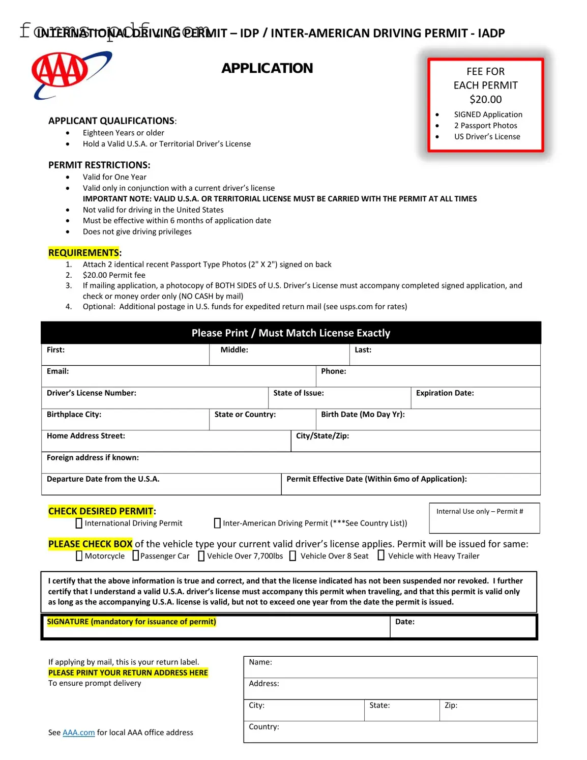 Aaa International Driving Permit Application PDF Form