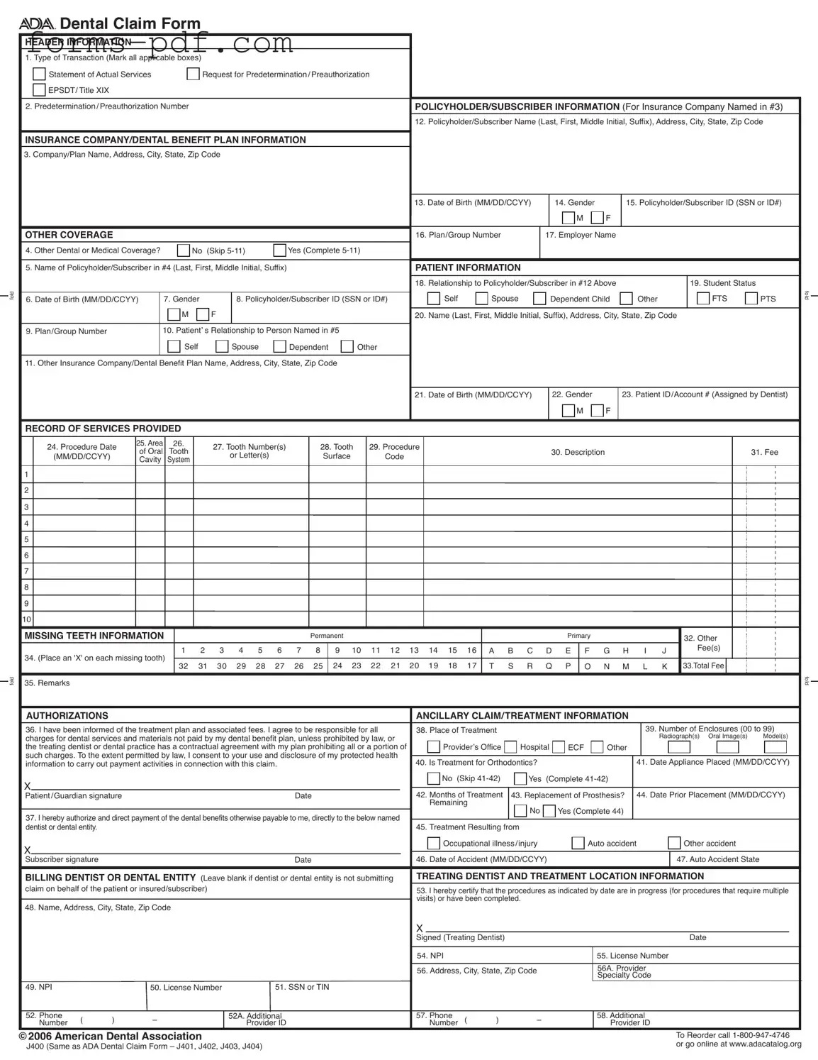 Ada Dental Claim PDF Form