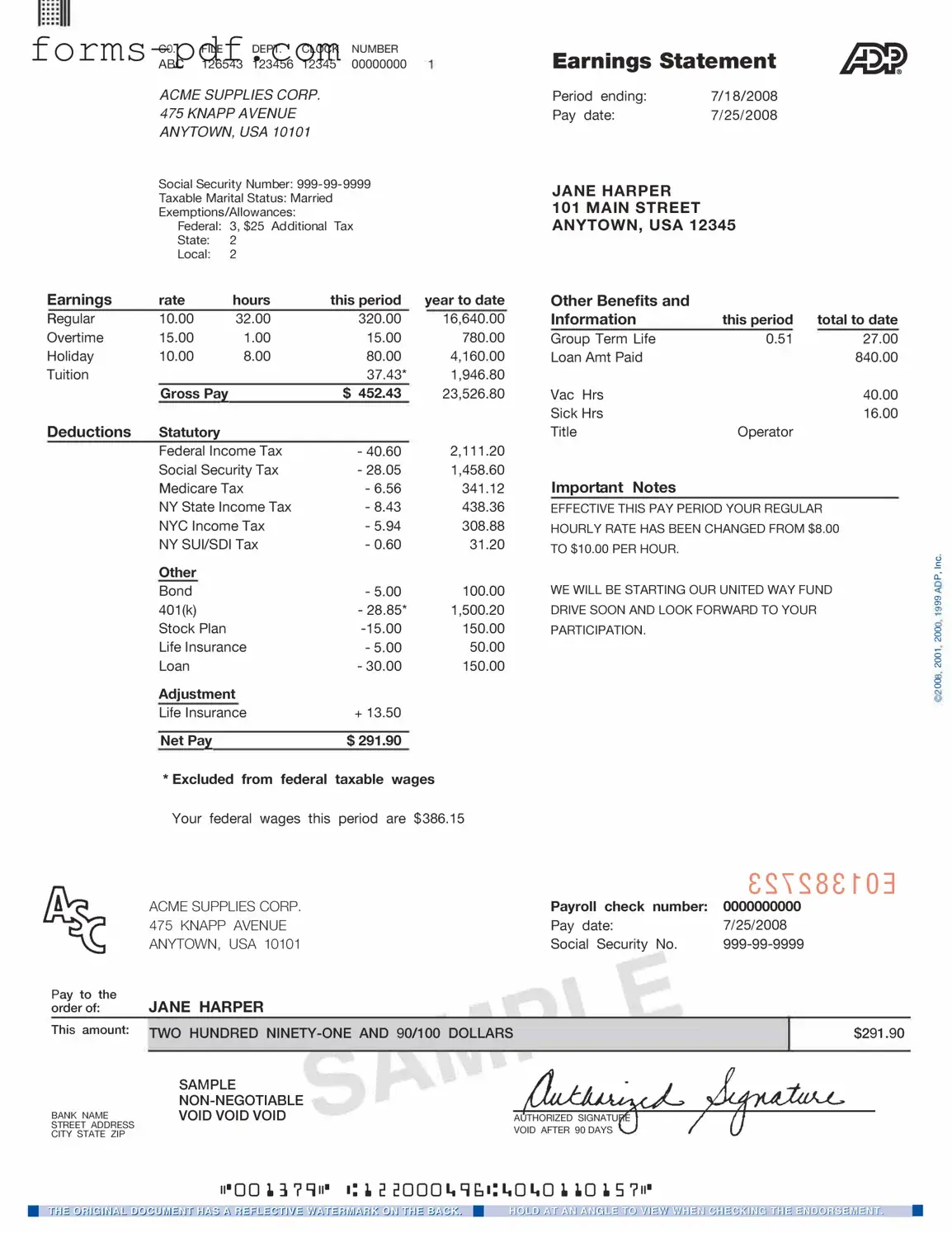 Adp Pay Stub PDF Form