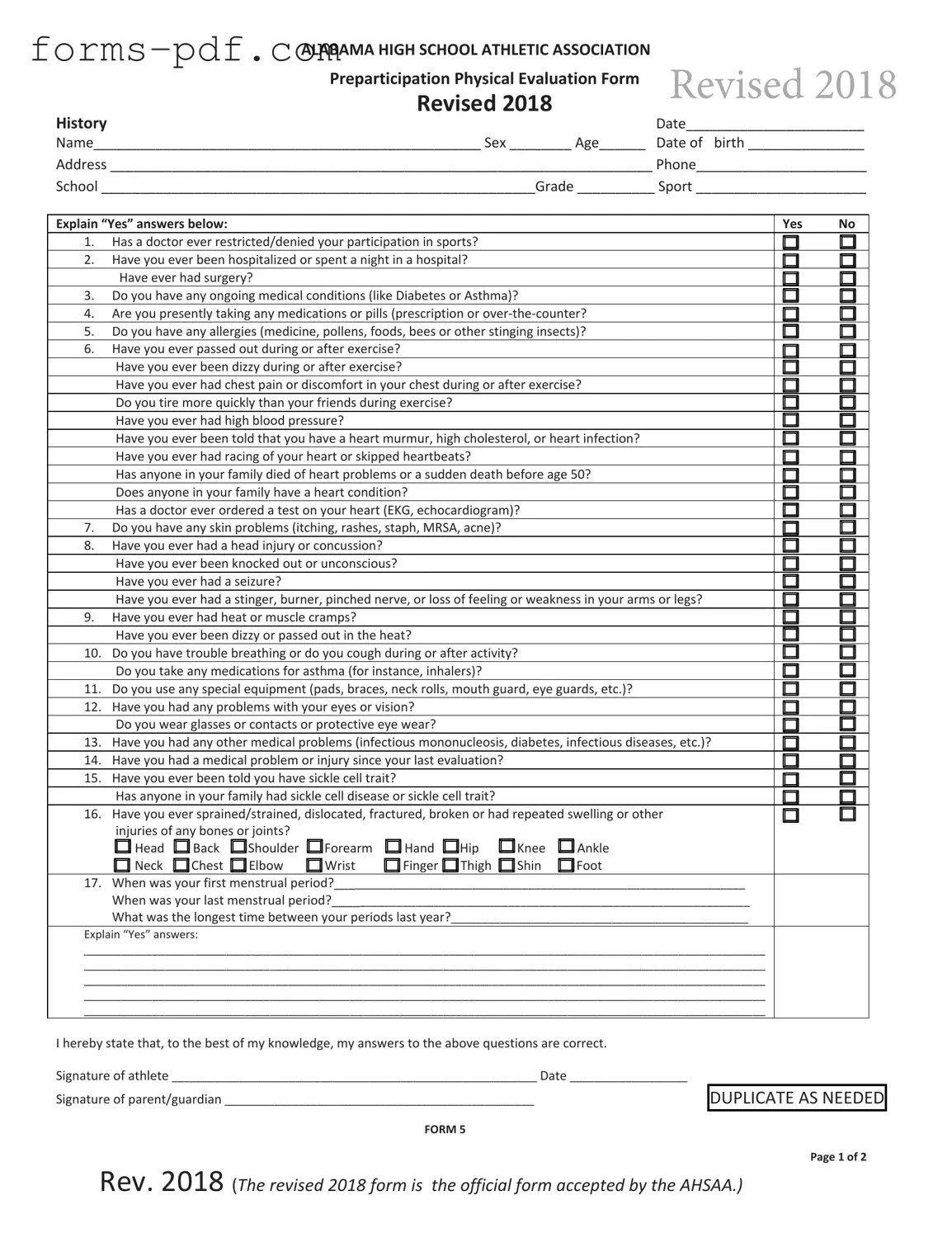 Alabama High School Physical PDF Form