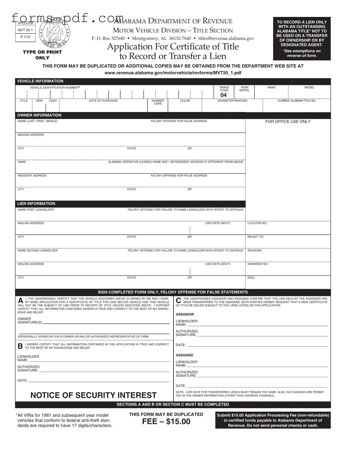 Alabama Mvt 20 1 PDF Form