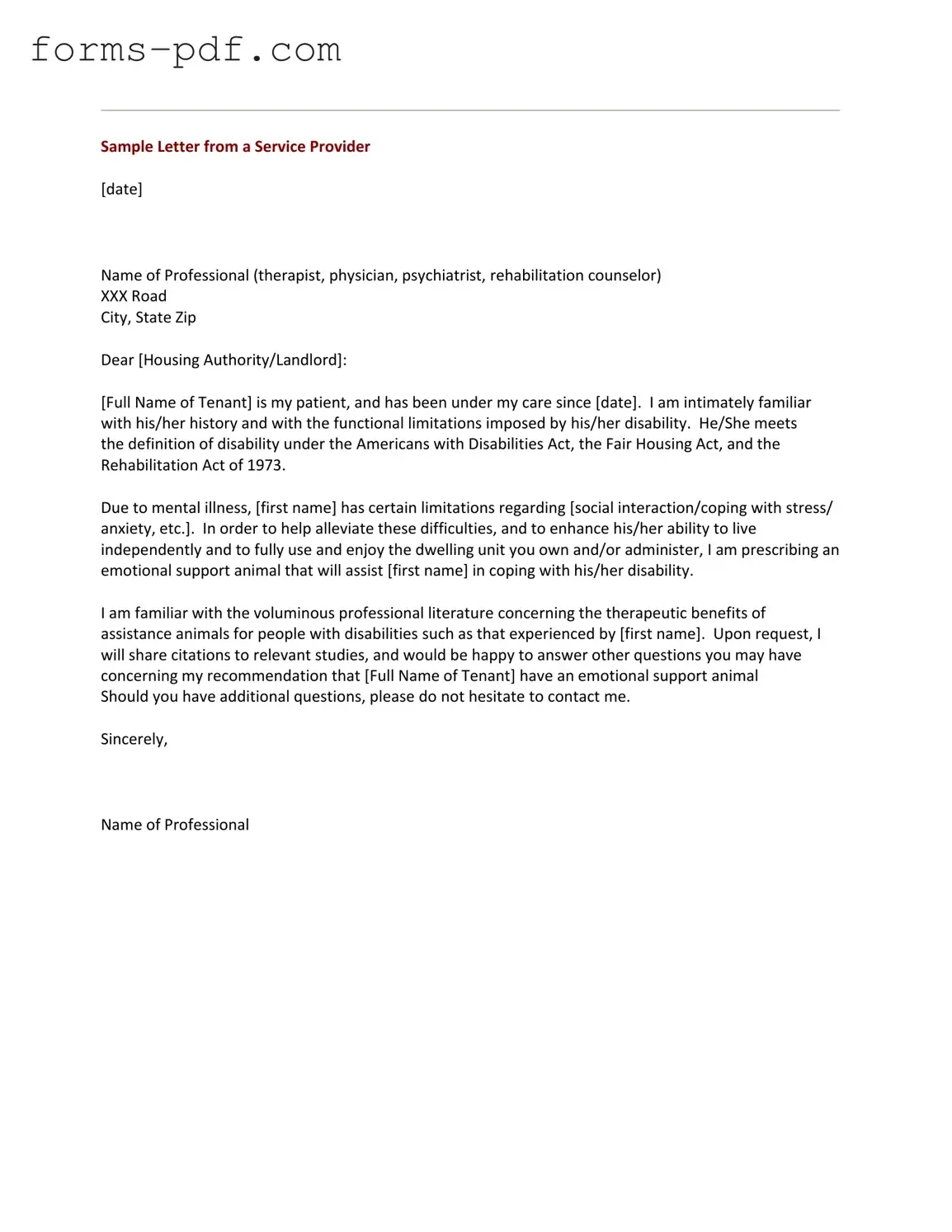 Emotional Support Animal Letter PDF Form