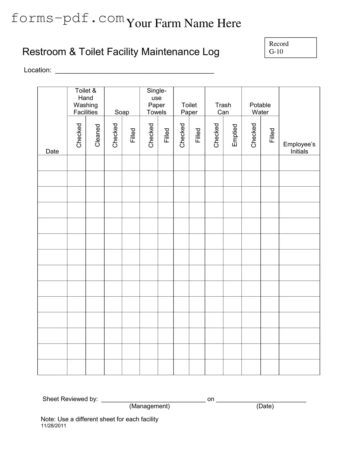 Bathroom Cleaning Log Sheet PDF Form