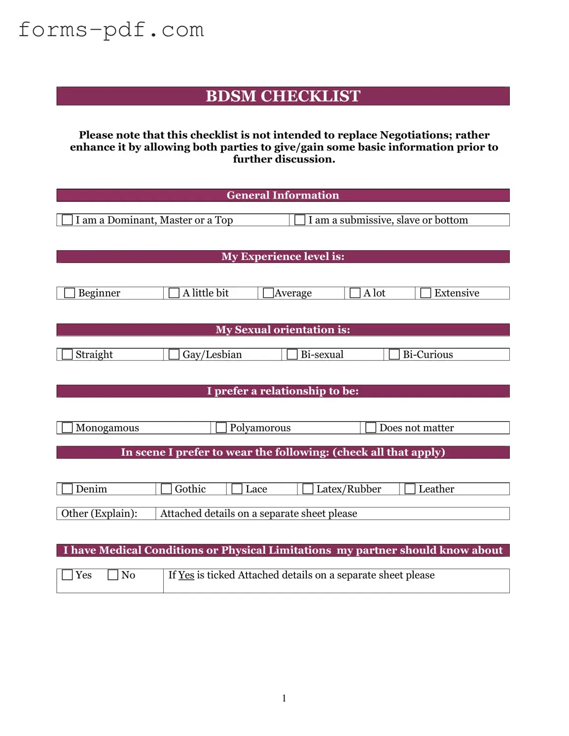 Bdsm Checklist PDF Form
