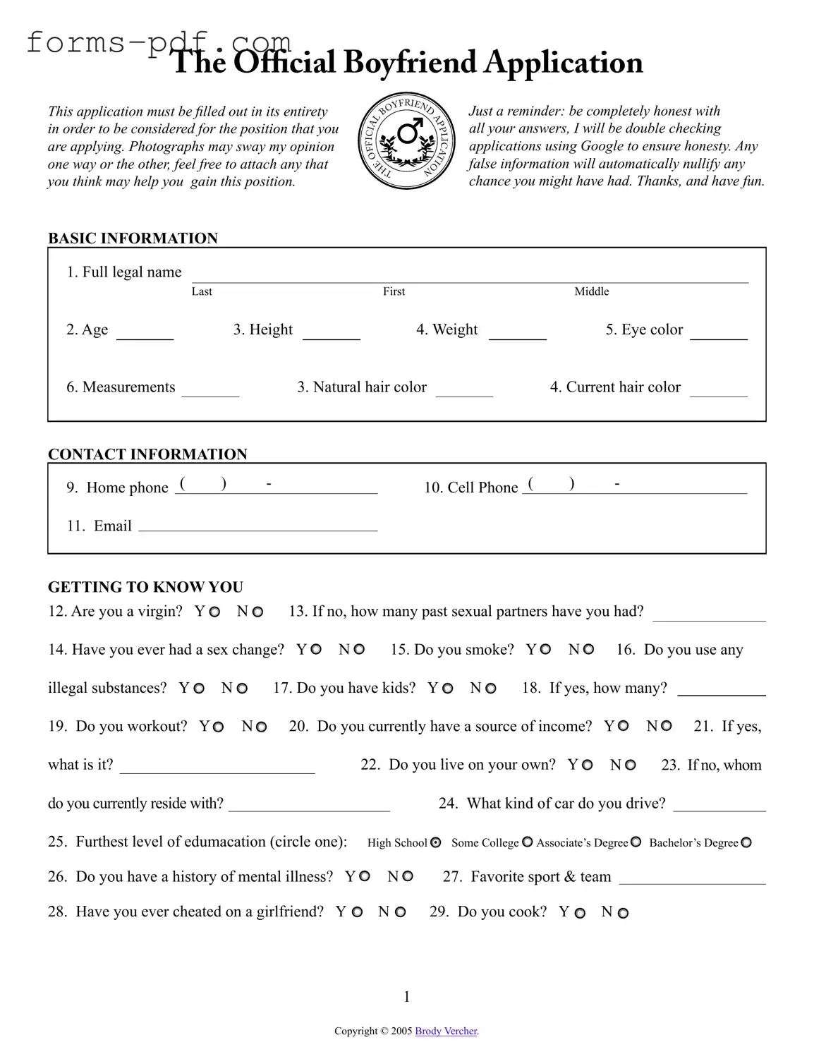 Boyfriend application form PDF Form