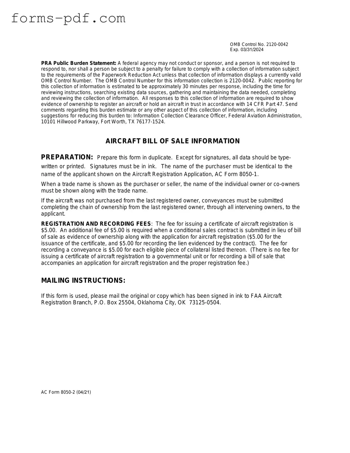 Aircraft Bill of Sale AC 8050-2 PDF Form