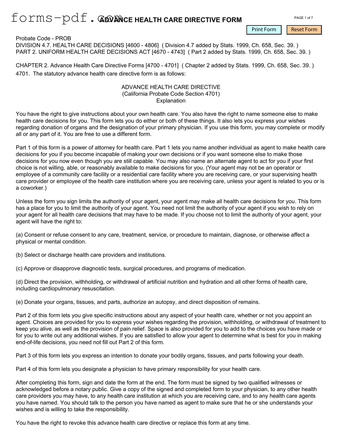 California Advanced Health Care Directive PDF Form