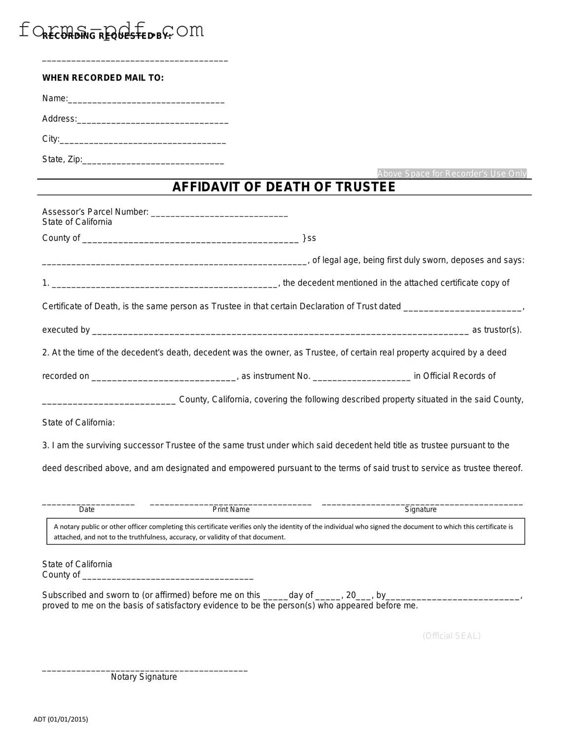 California Affidavit of Death of a Trustee PDF Form