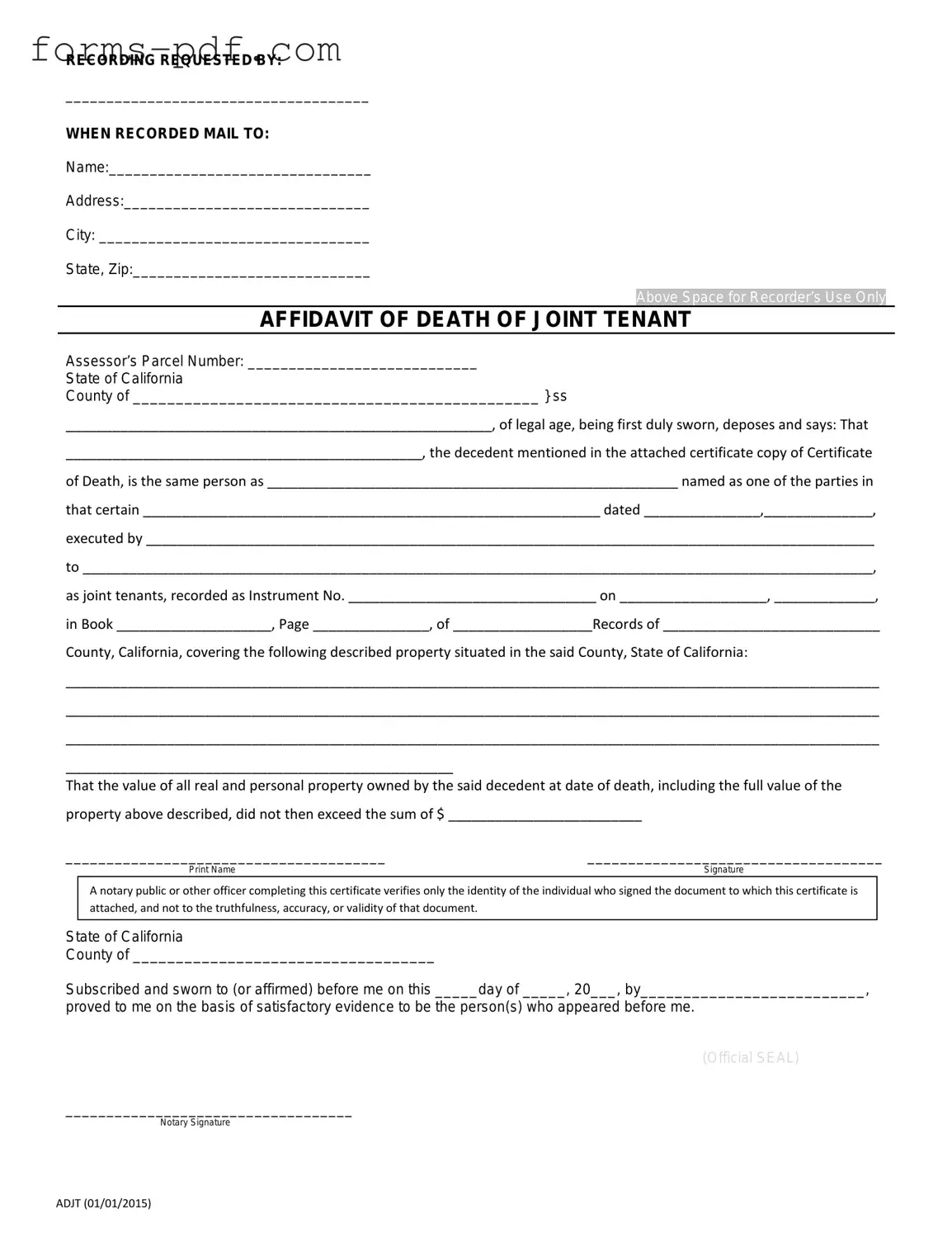 California Death of a Joint Tenant Affidavit PDF Form