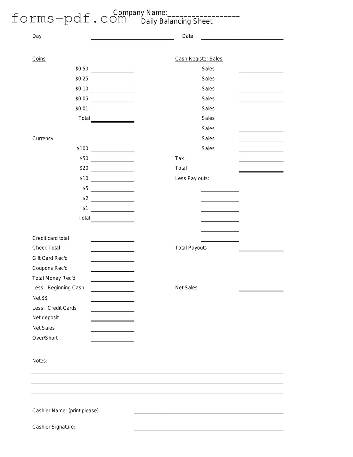 Cash Drawer Count Sheet PDF Form