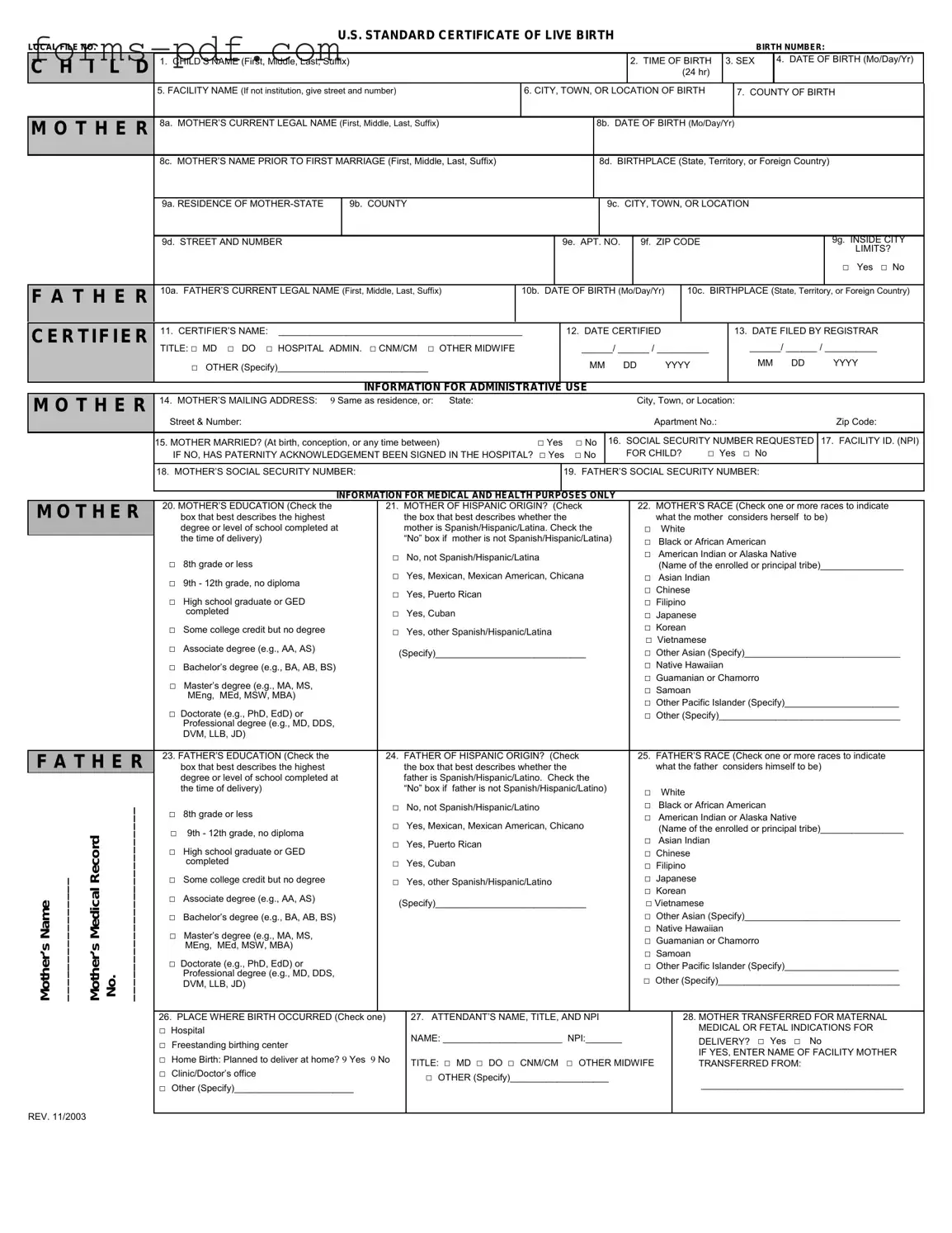 CDC U.S. Standard Certificate of Live Birth PDF Form