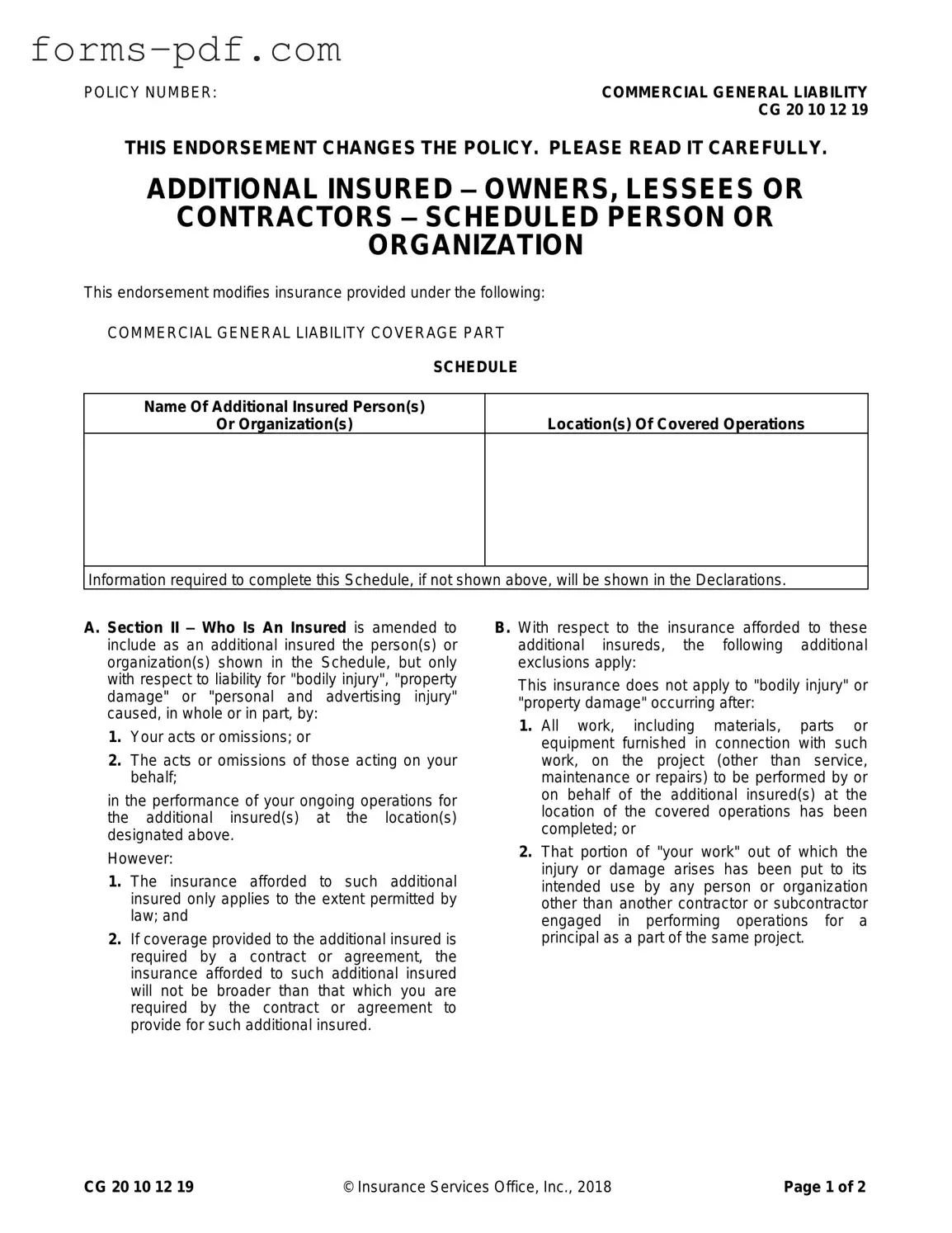 Cg 20 10 07 04 Liability Endorsement PDF Form