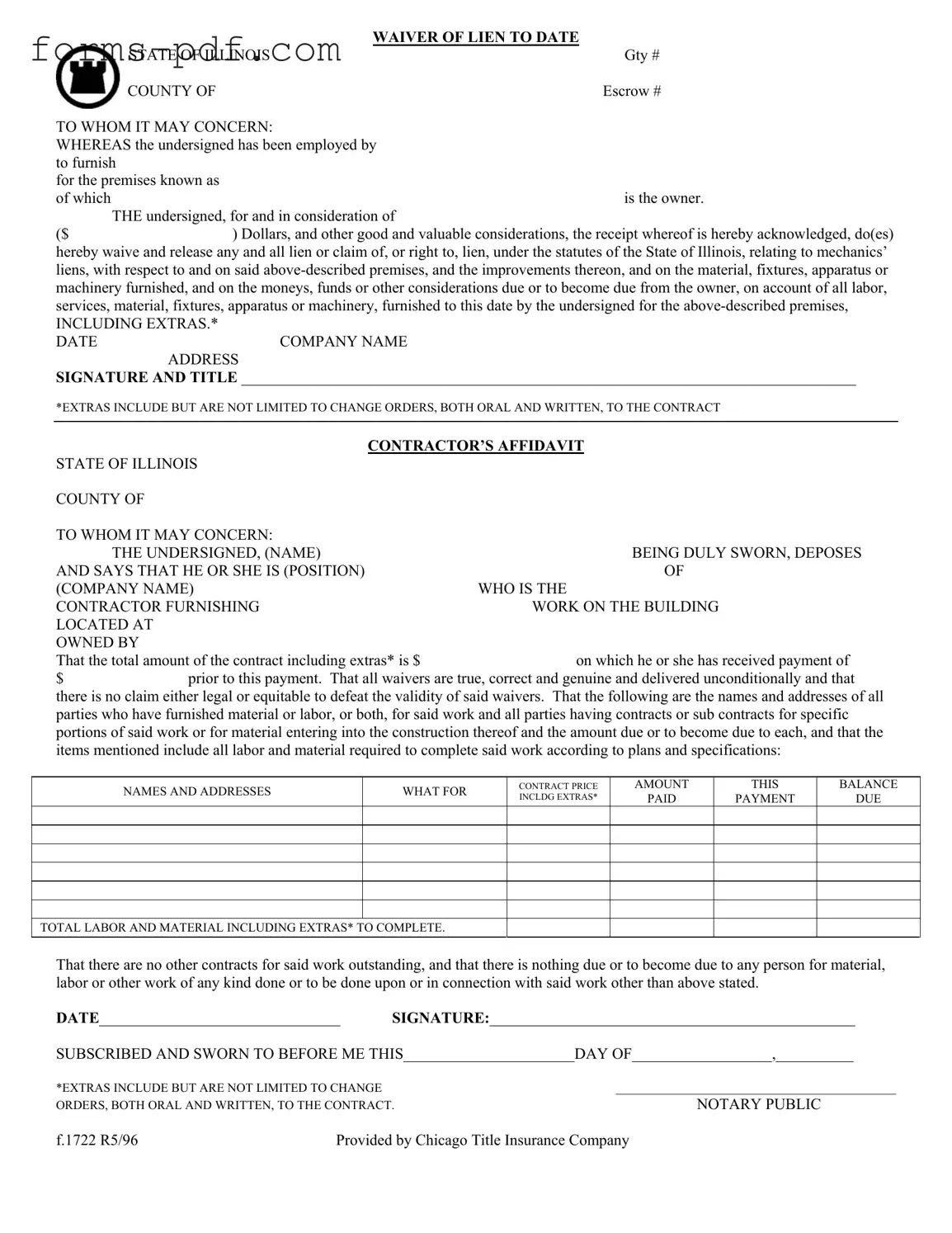 Chicago Title Waiver Format PDF Form
