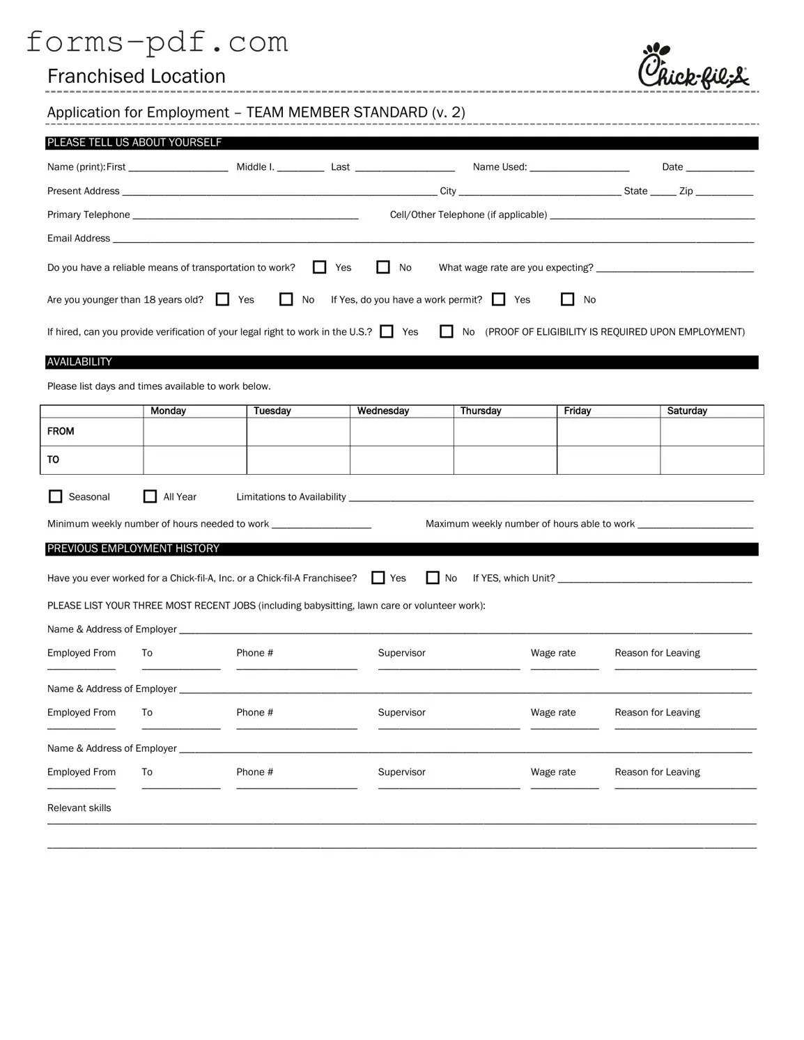 Chick Fil A Job Application PDF Form