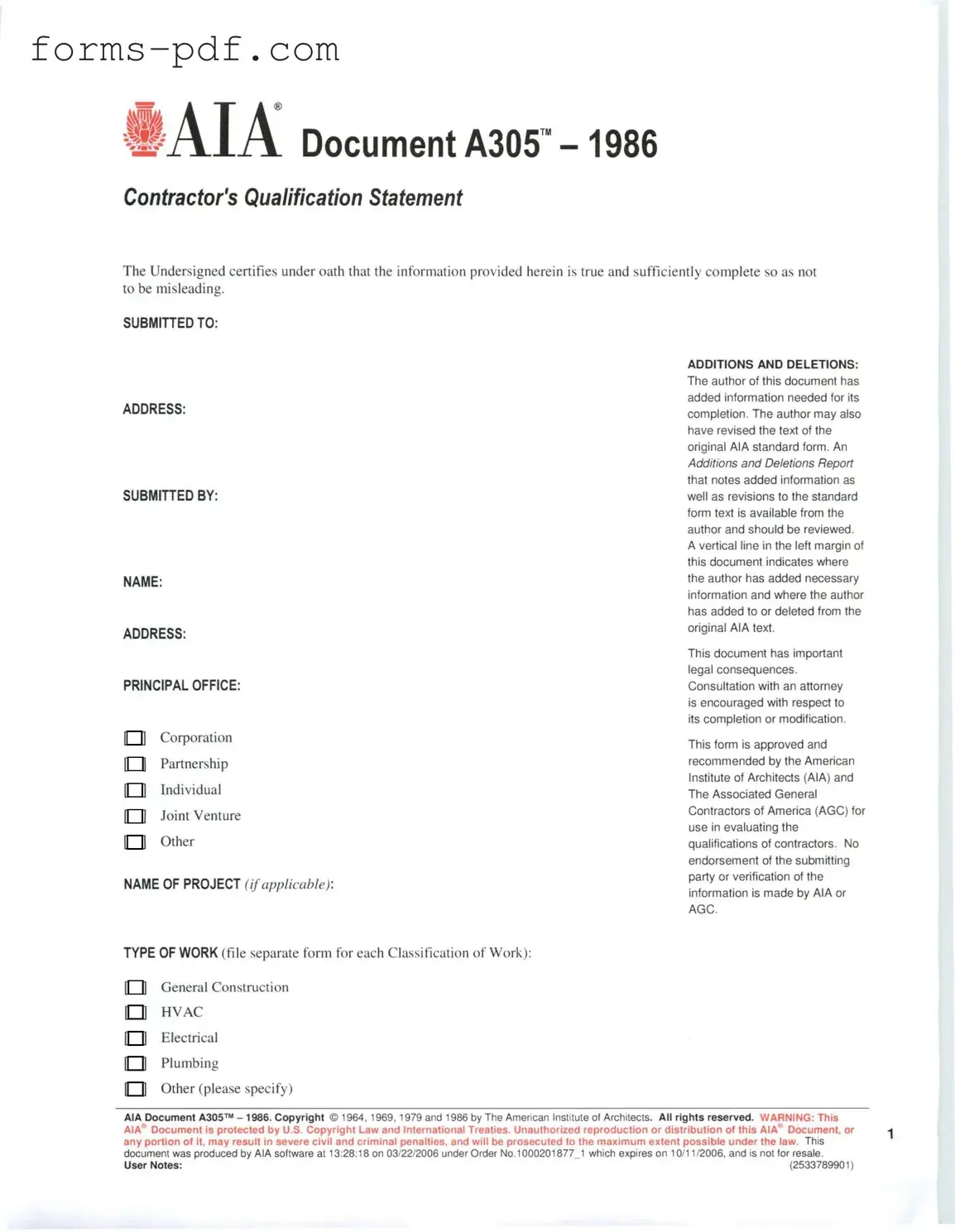 AIA A305 PDF Form