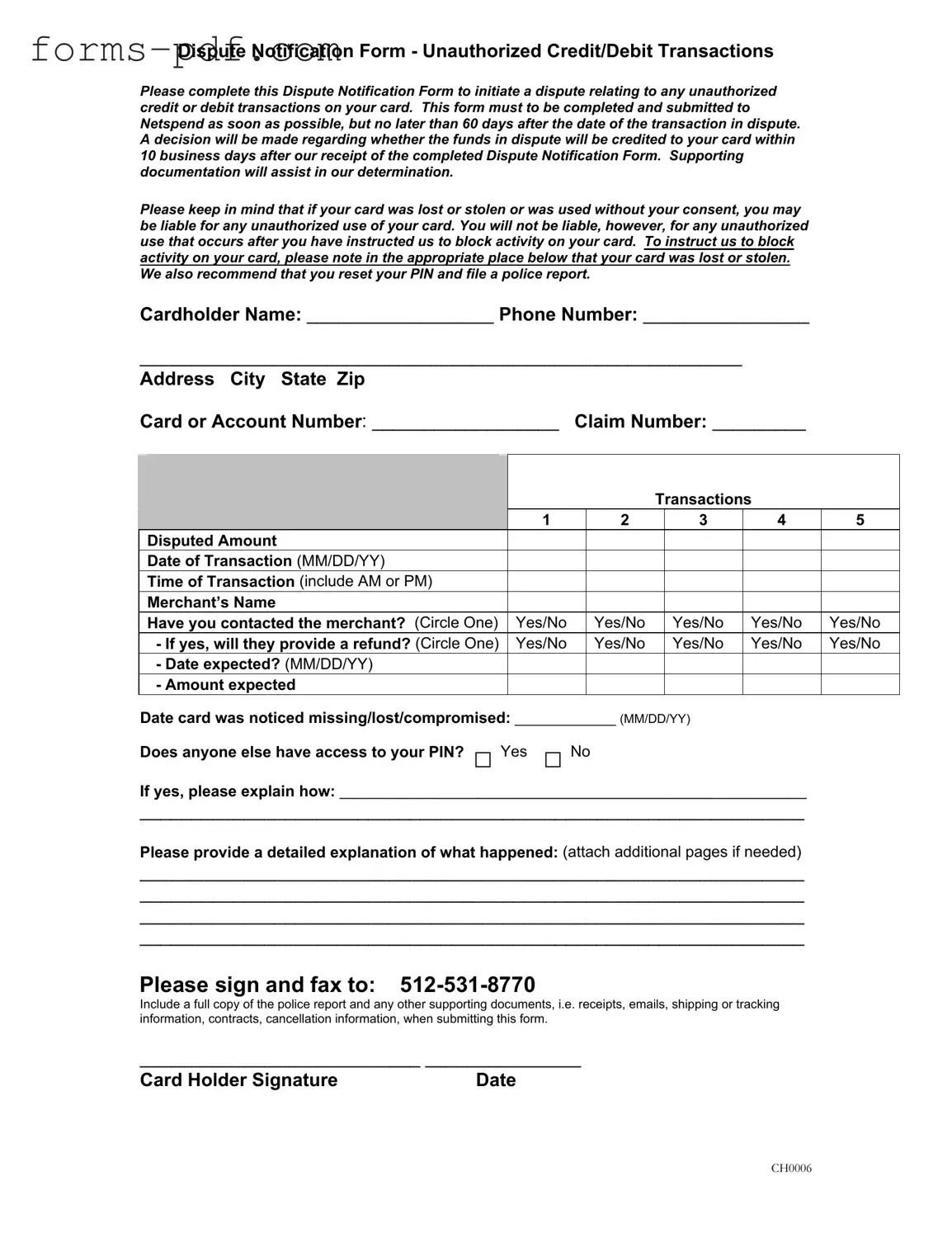 Netspend Dispute PDF Form