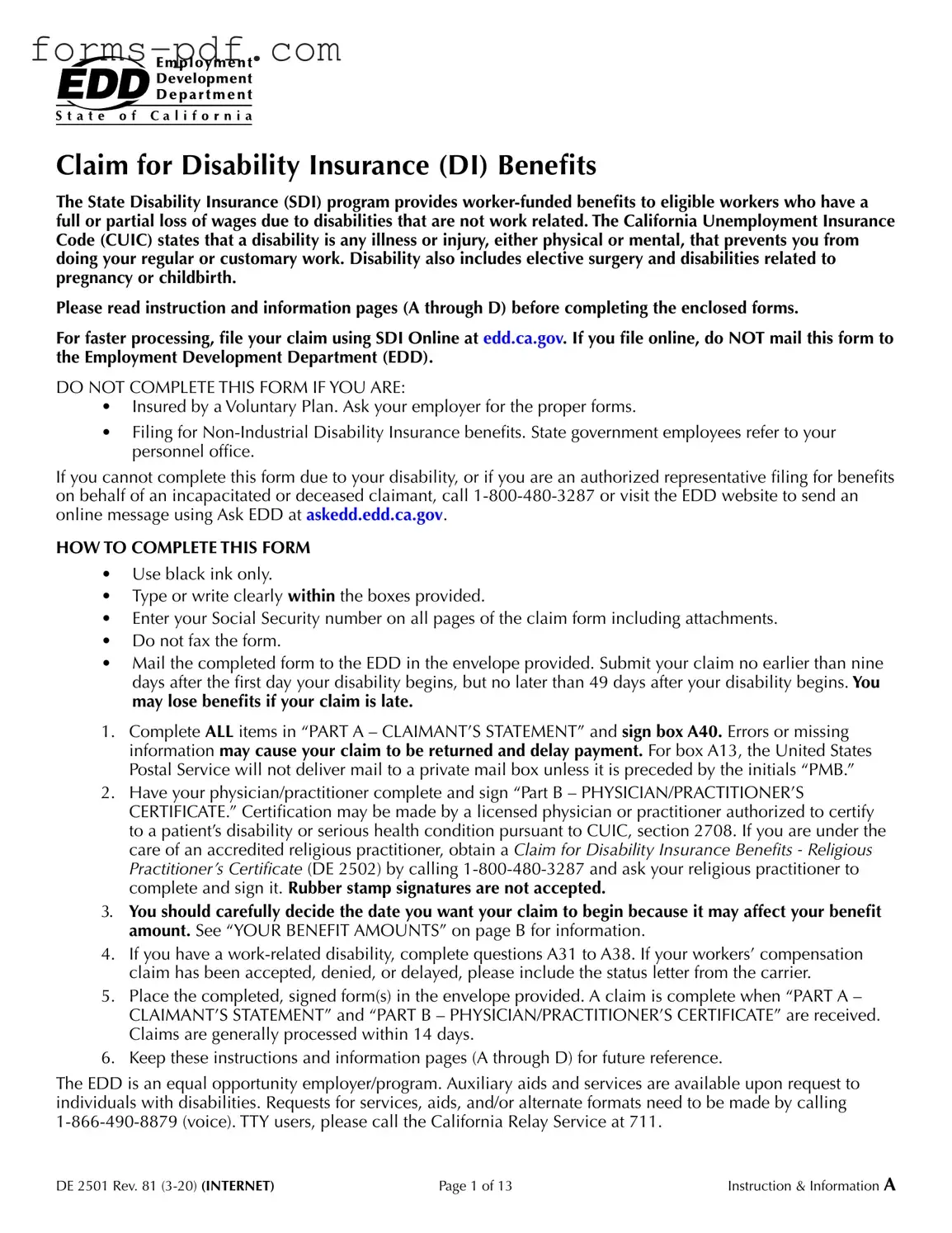 EDD DE 2501 PDF Form