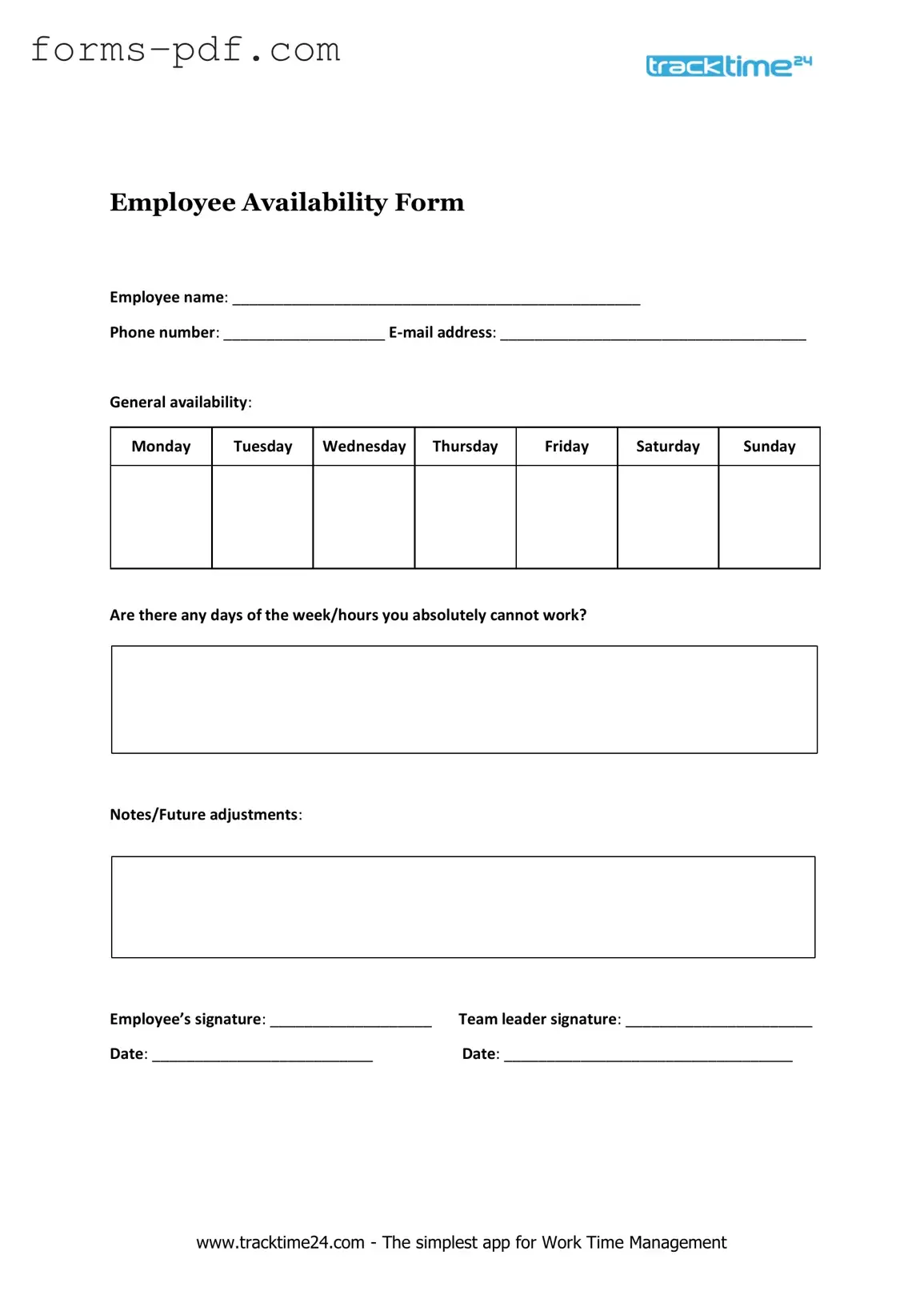 Employee Availability PDF Form