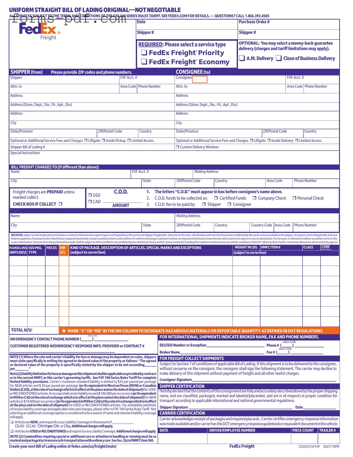 Fedex Bill Of Lading PDF Form