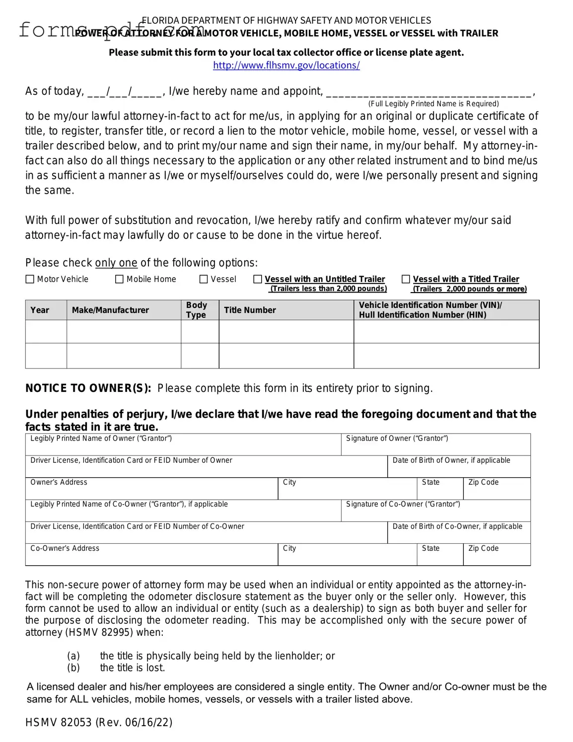 Florida Vehicle POA form 82053 PDF Form