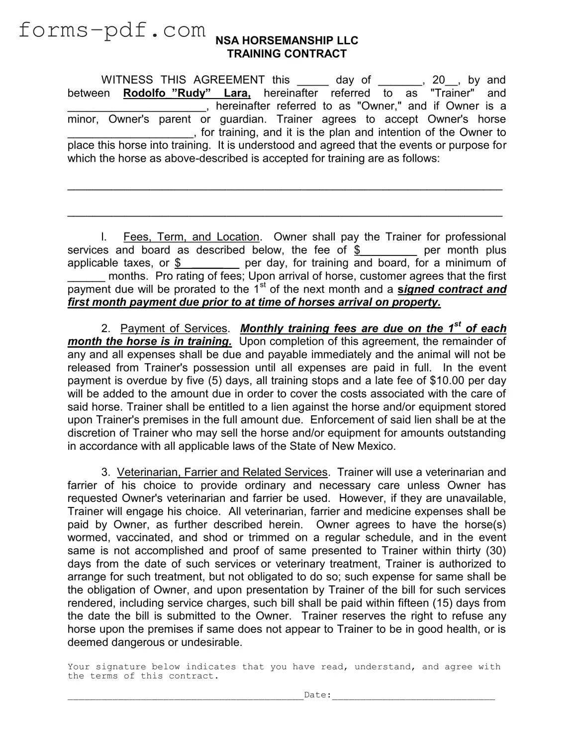 Horse Training Contract PDF Form