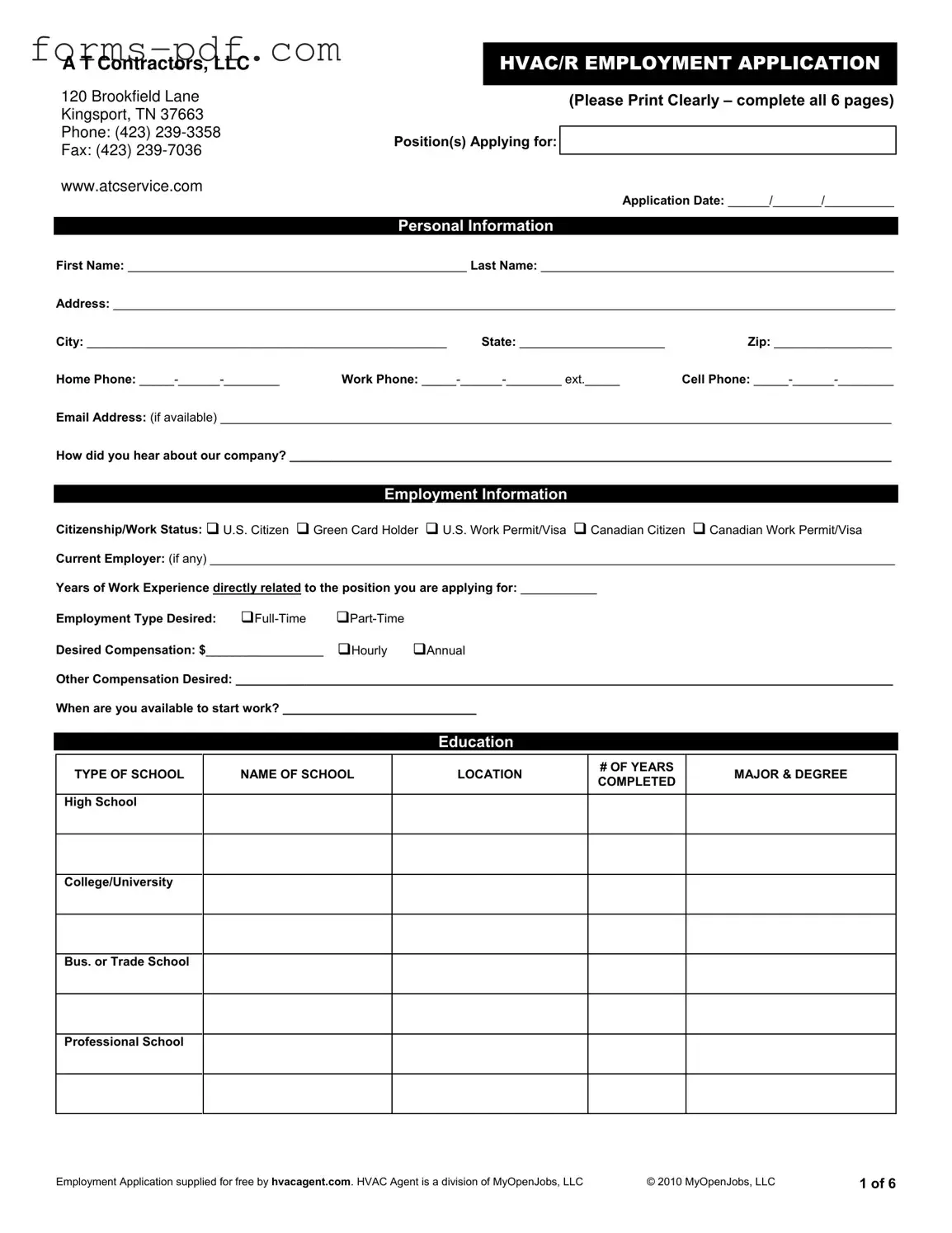 Hvac Job Application PDF Form