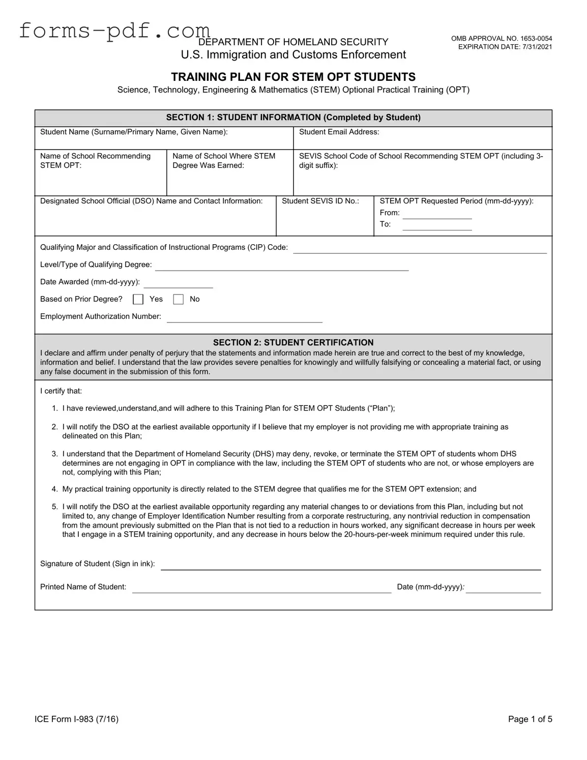 ICE I-983 PDF Form