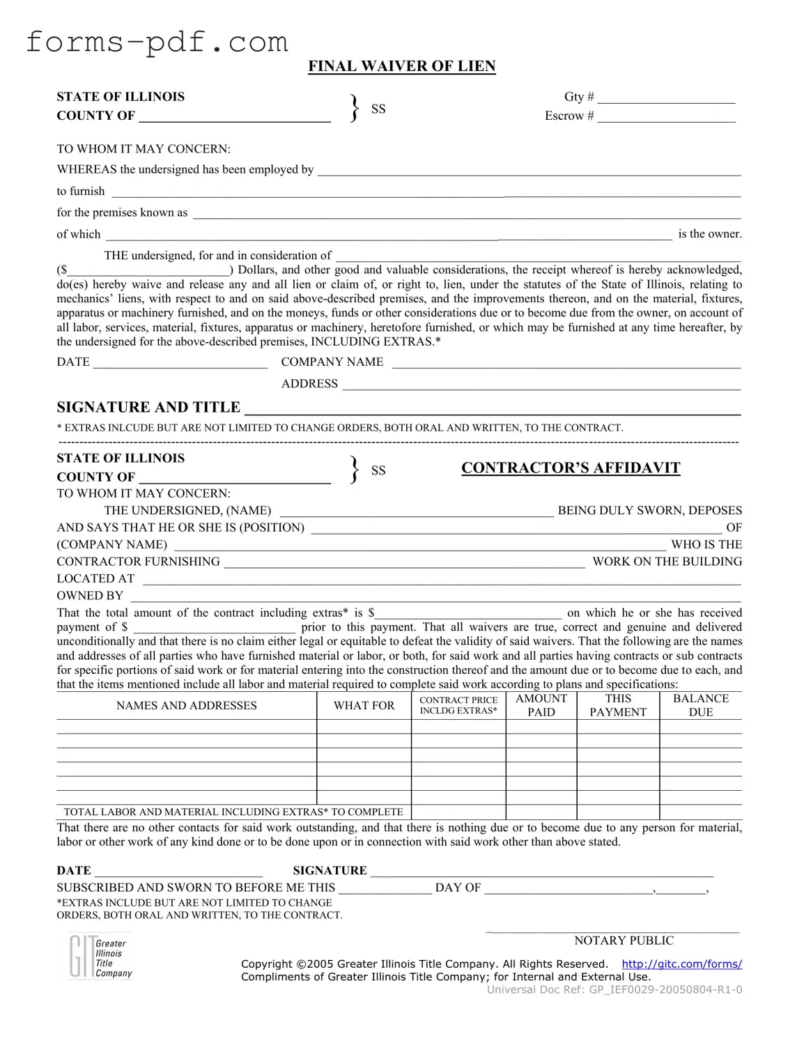 Illinois Final Waiver Of Lien PDF Form