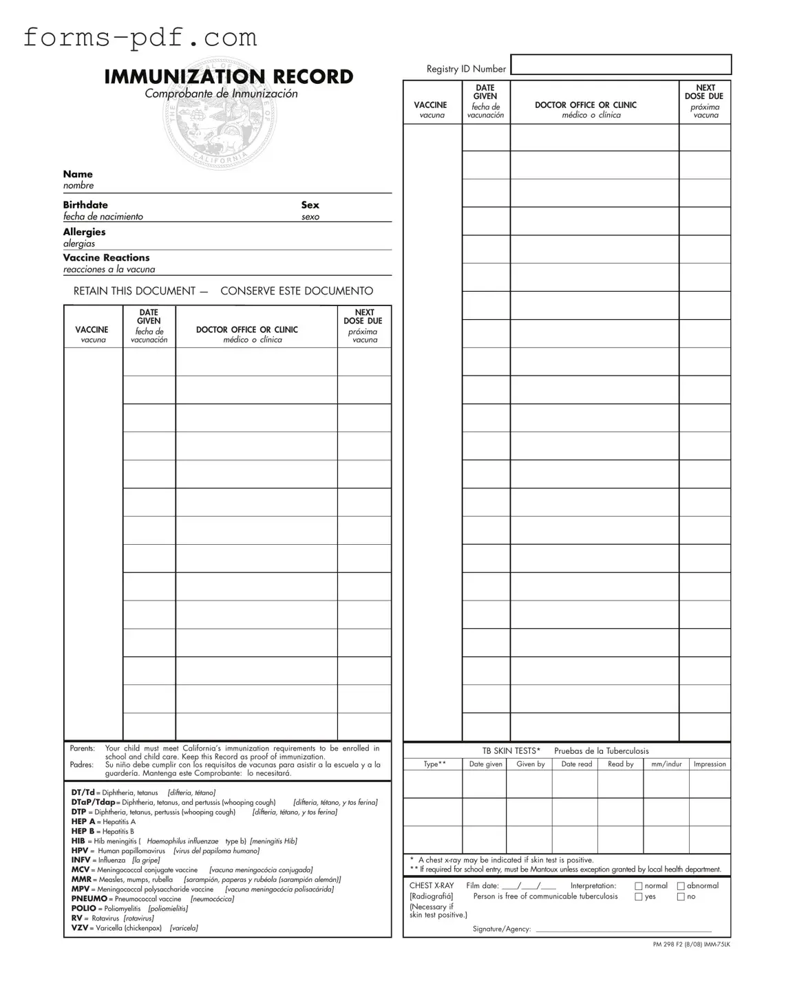 Immunization Record PDF Form