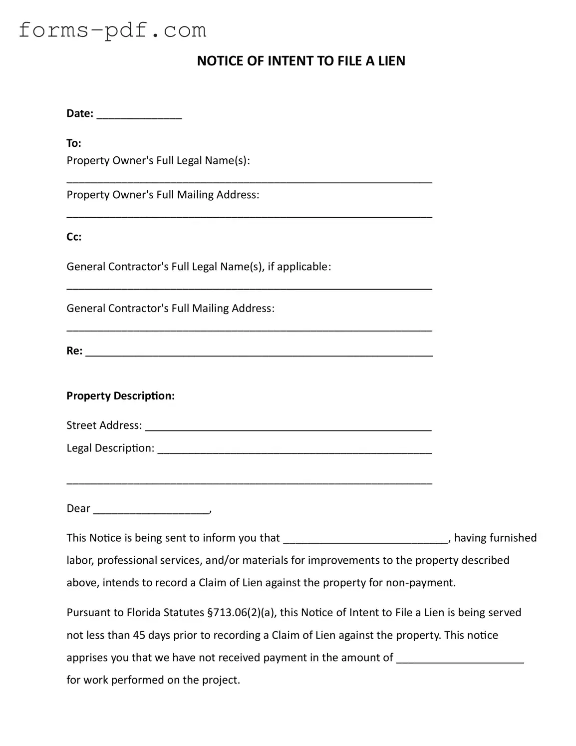 Intent To Lien Florida PDF Form
