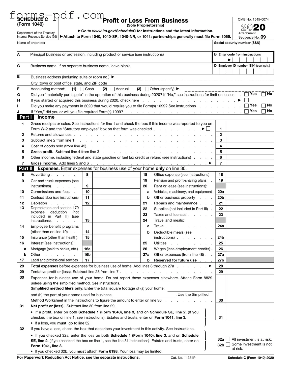 IRS Schedule C 1040 PDF Form