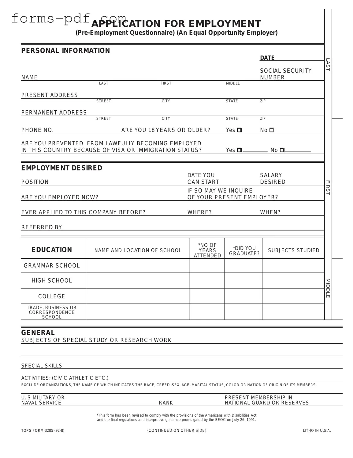 Employment Application Pdf PDF Form