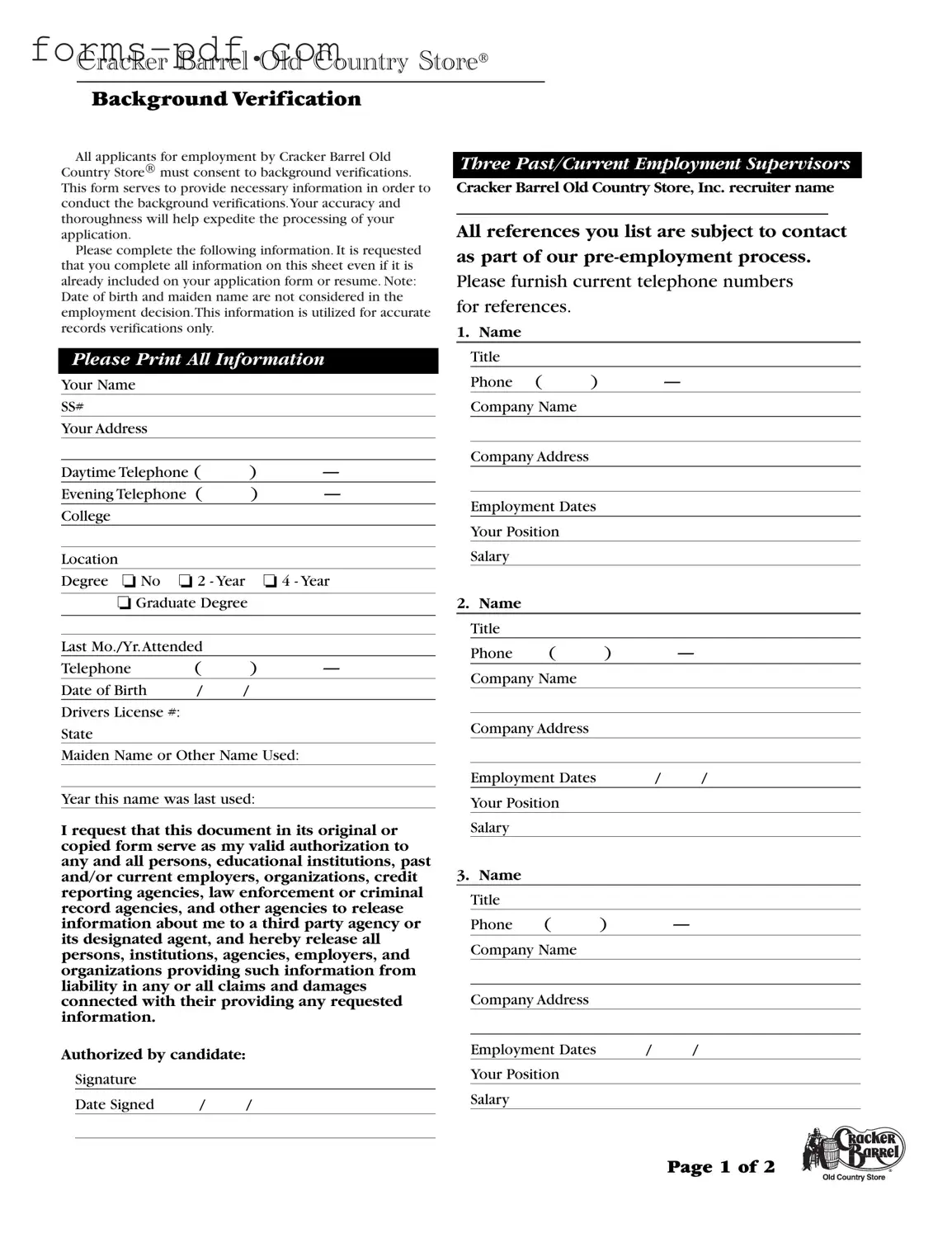 Cracker Barrel Background Check PDF Form
