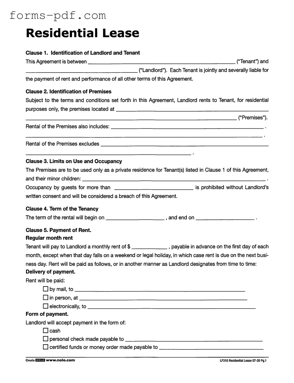 Lf310 Residential Lease PDF Form