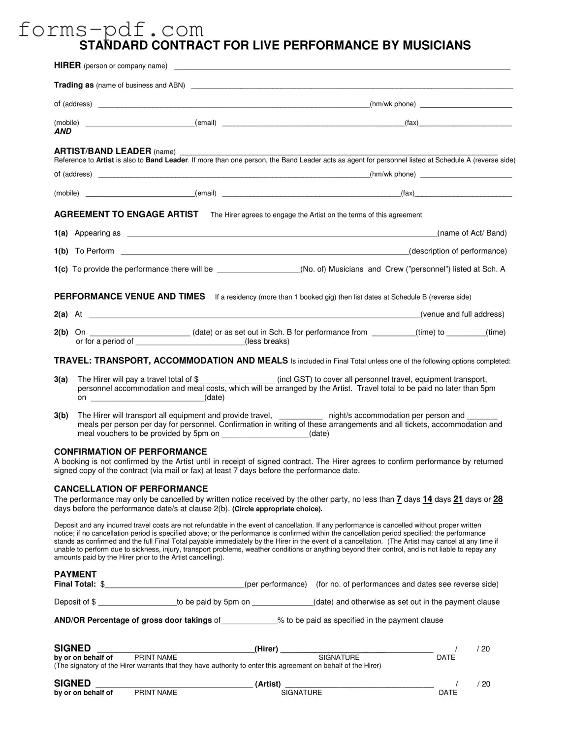 Live Performance Contract PDF Form