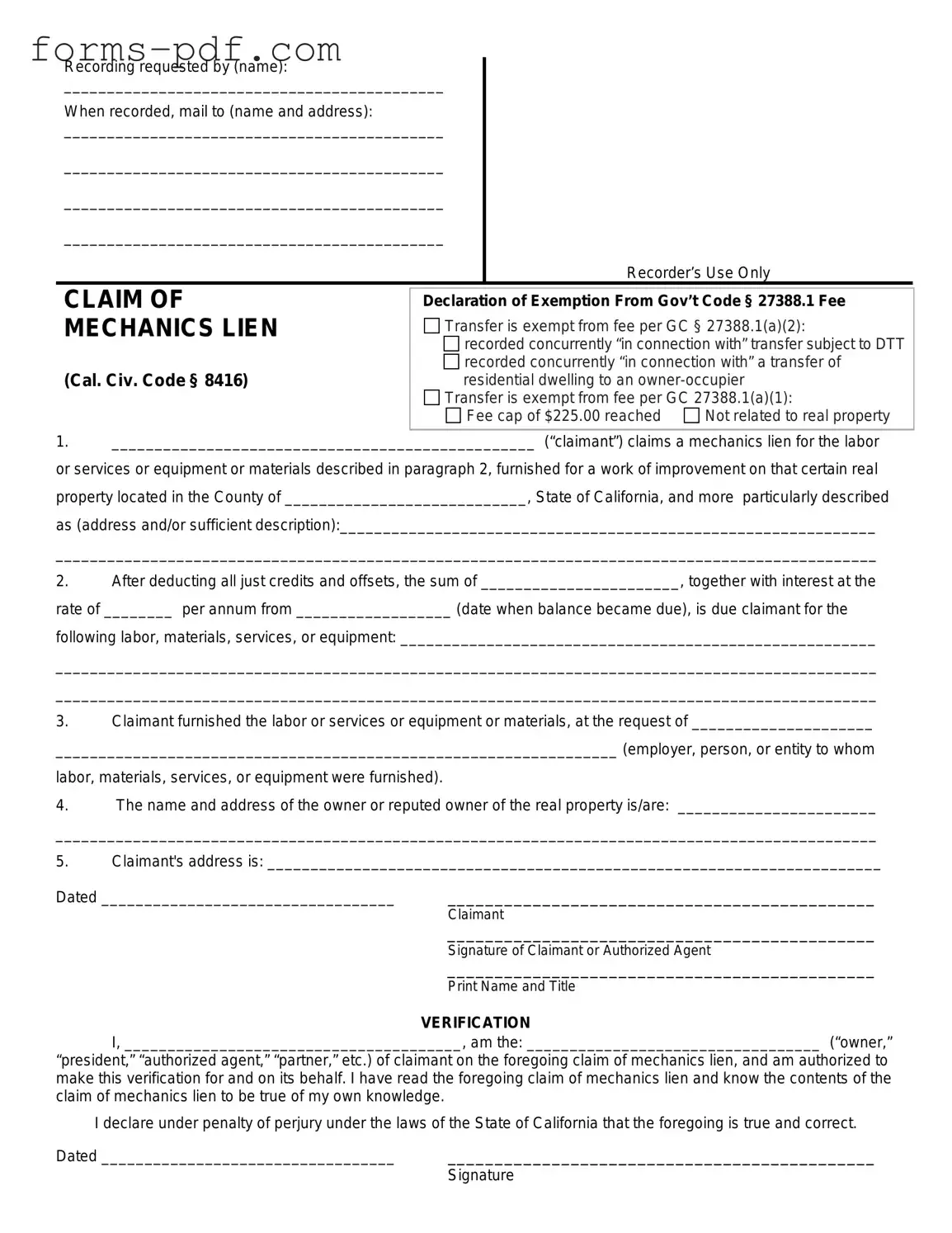 Mechanics Lien California PDF Form