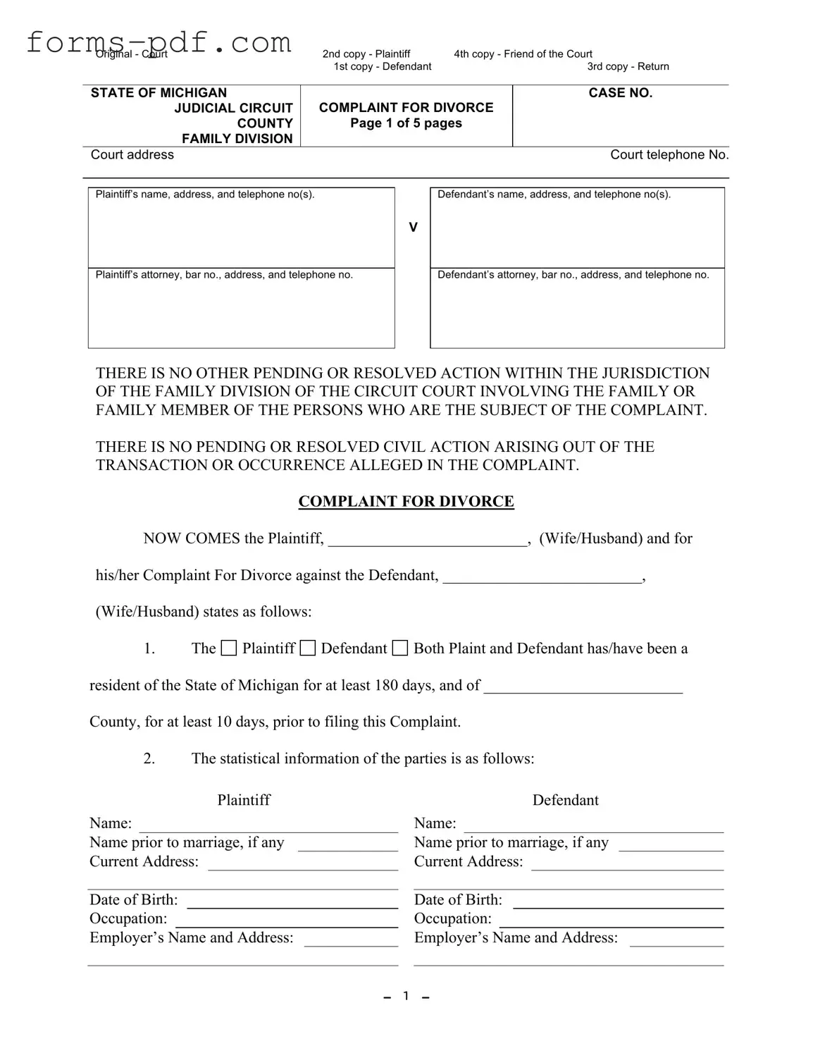 Michigan Complaint Divorce PDF Form