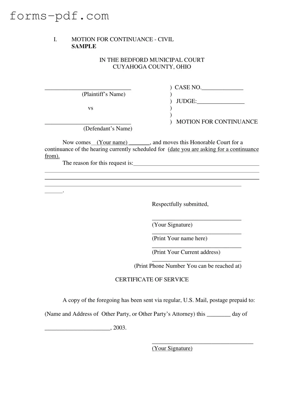 Motion For Continuance PDF Form