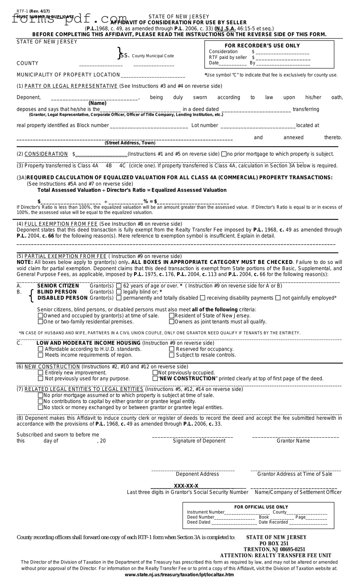 New Jersey Affidavit of Consideration RTF-1 PDF Form