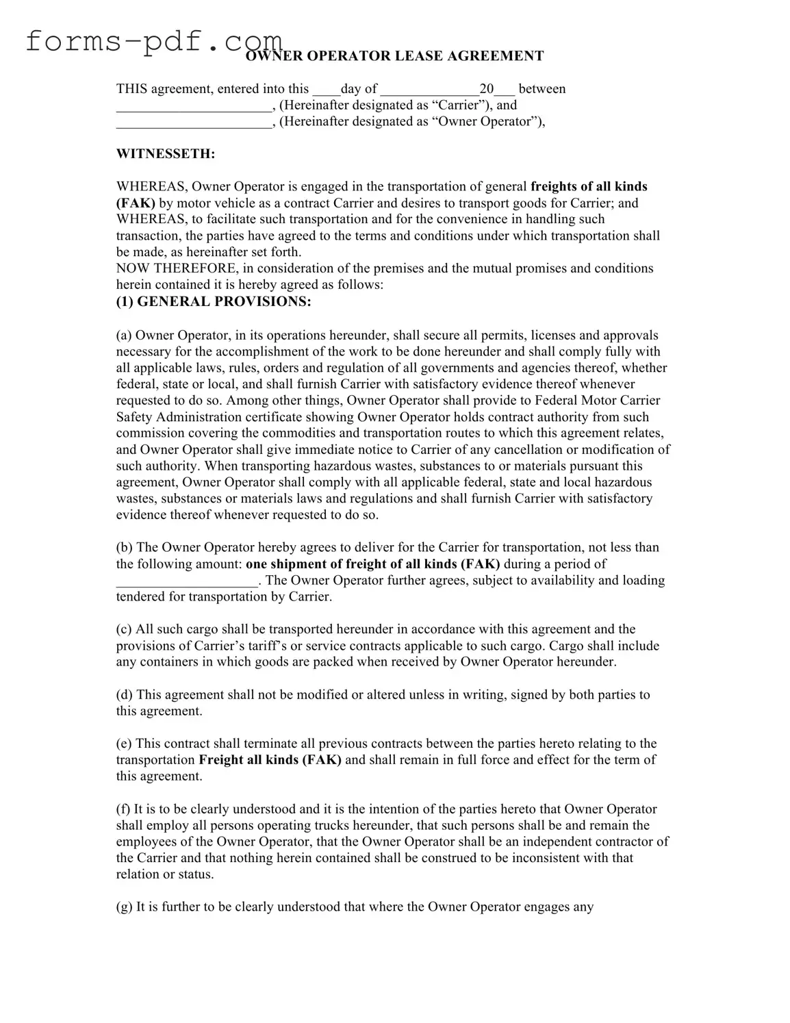 Owner Operator Lease Agreement PDF Form