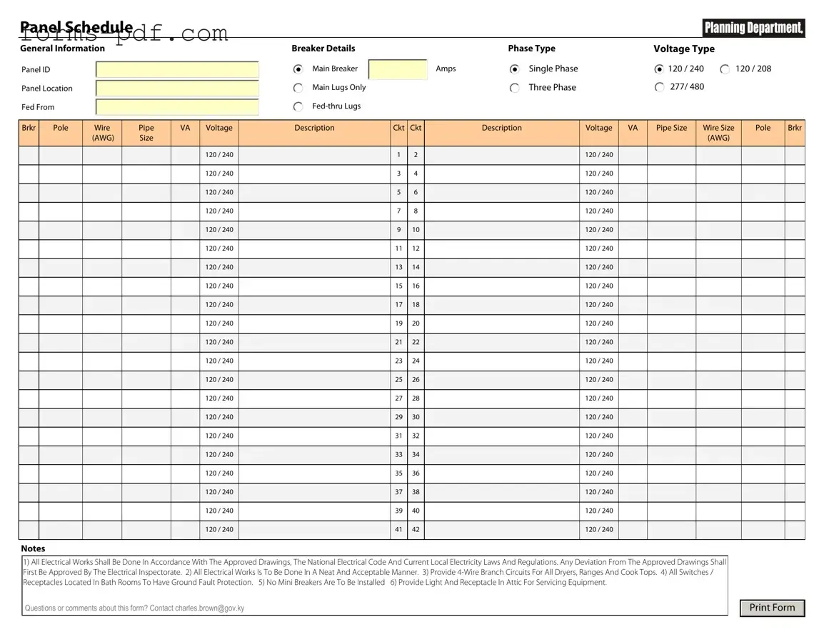 Electrical Panel Schedule PDF Form