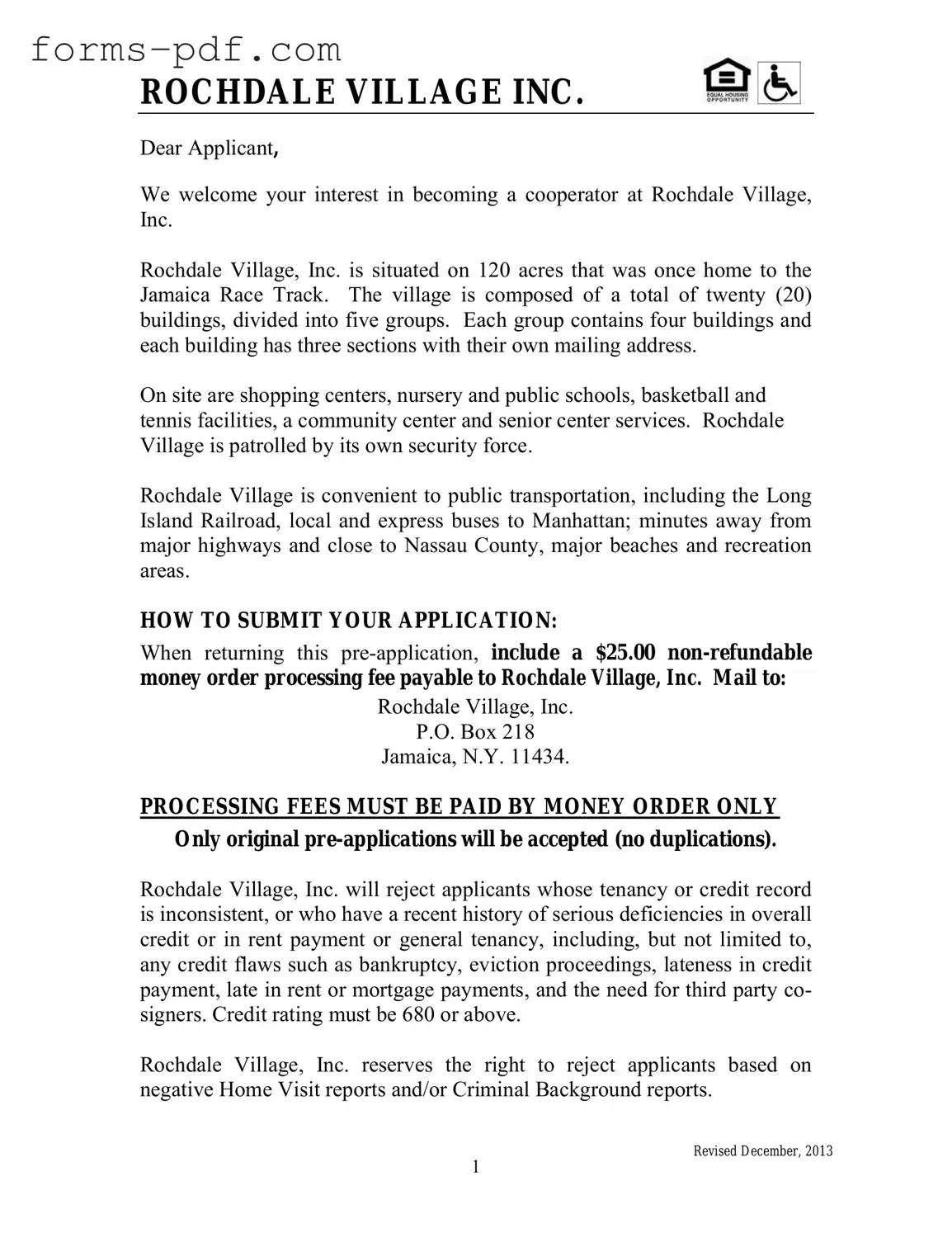 Rochdale village application PDF Form