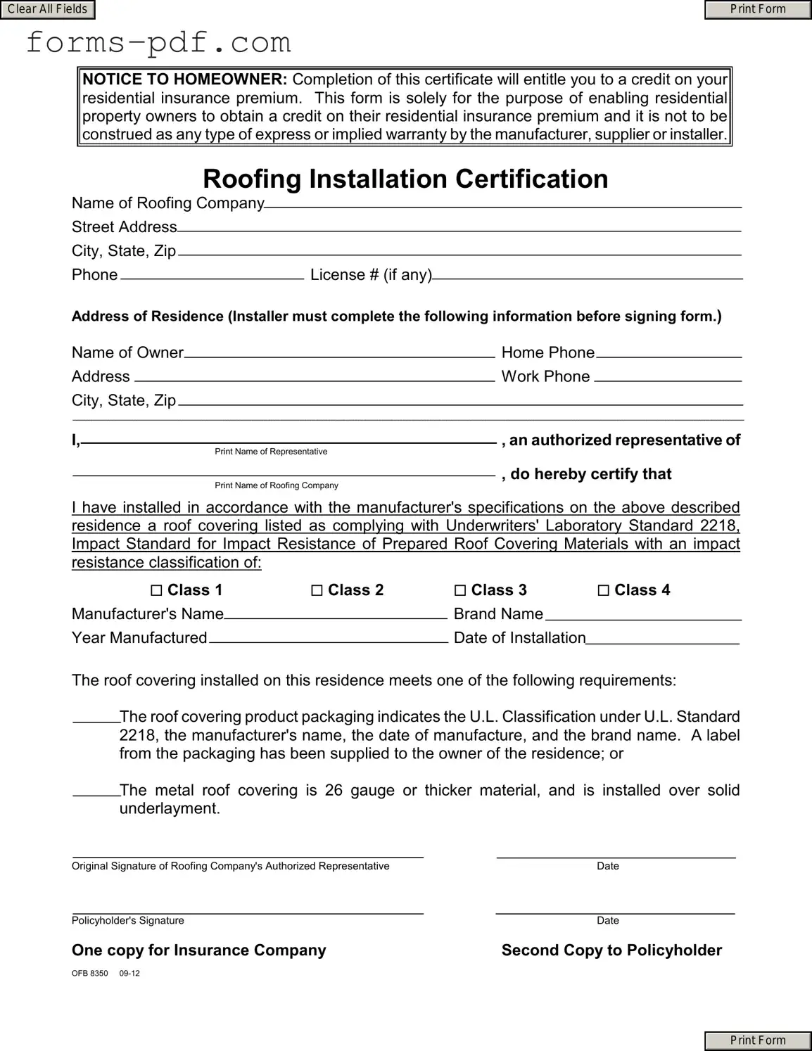 Roofing Certificate PDF Form