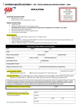 Aaa International Driving Permit Application PDF Form