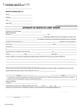 California Death of a Joint Tenant Affidavit PDF Form