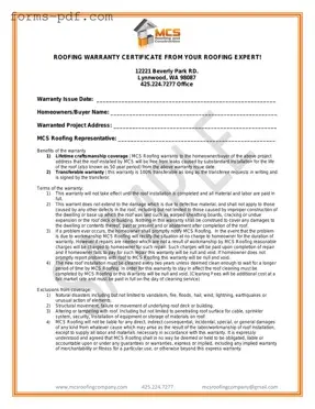 Roofing Warranty Certificate PDF Form
