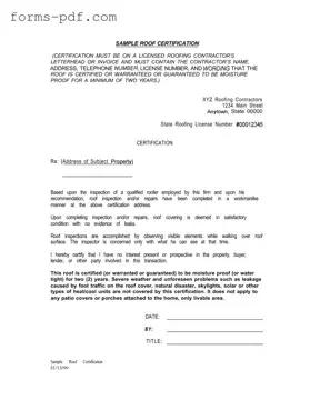 Sample Roof Certification PDF Form