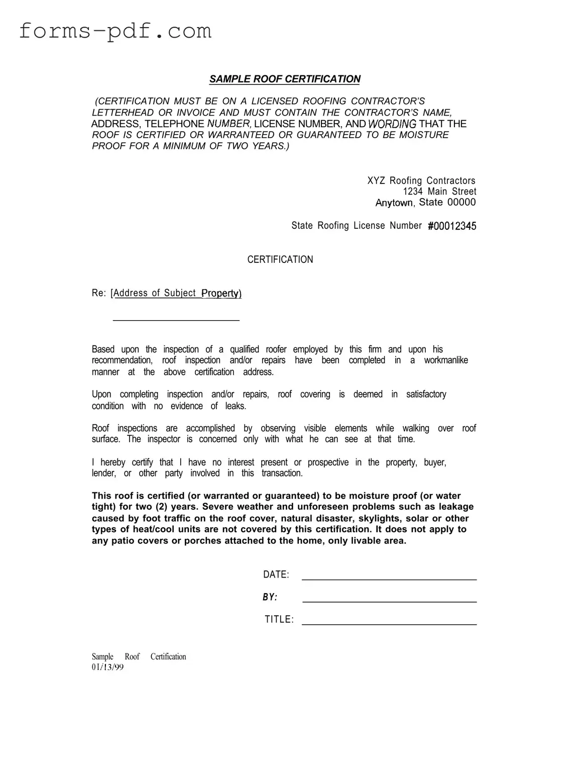 Sample Roof Certification PDF Form