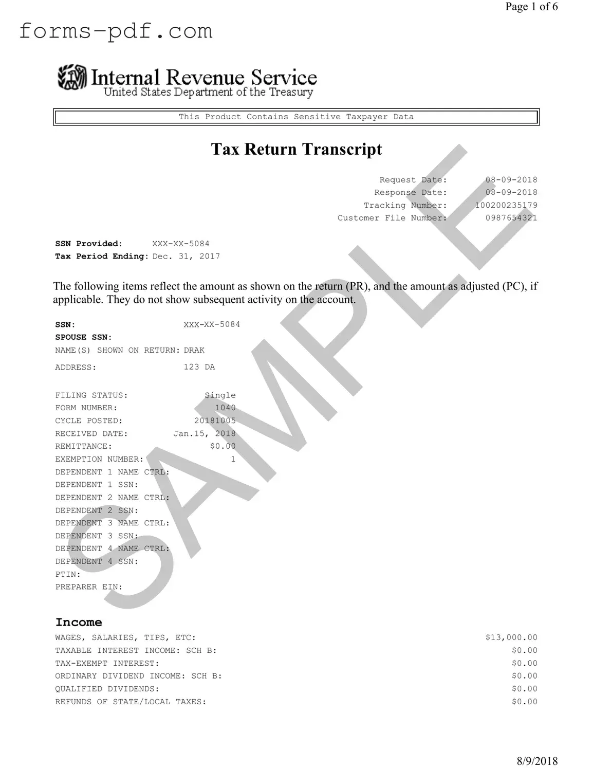 Sample Tax Return Transcript PDF Form