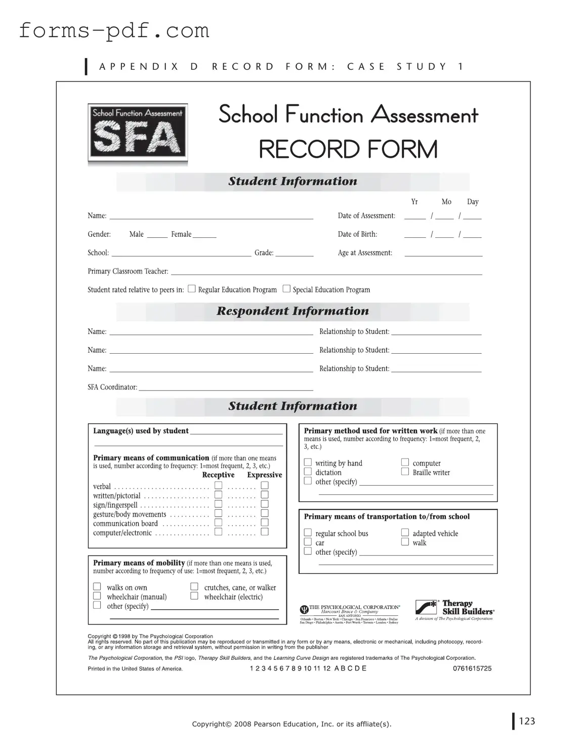 School Function Assessment PDF Form